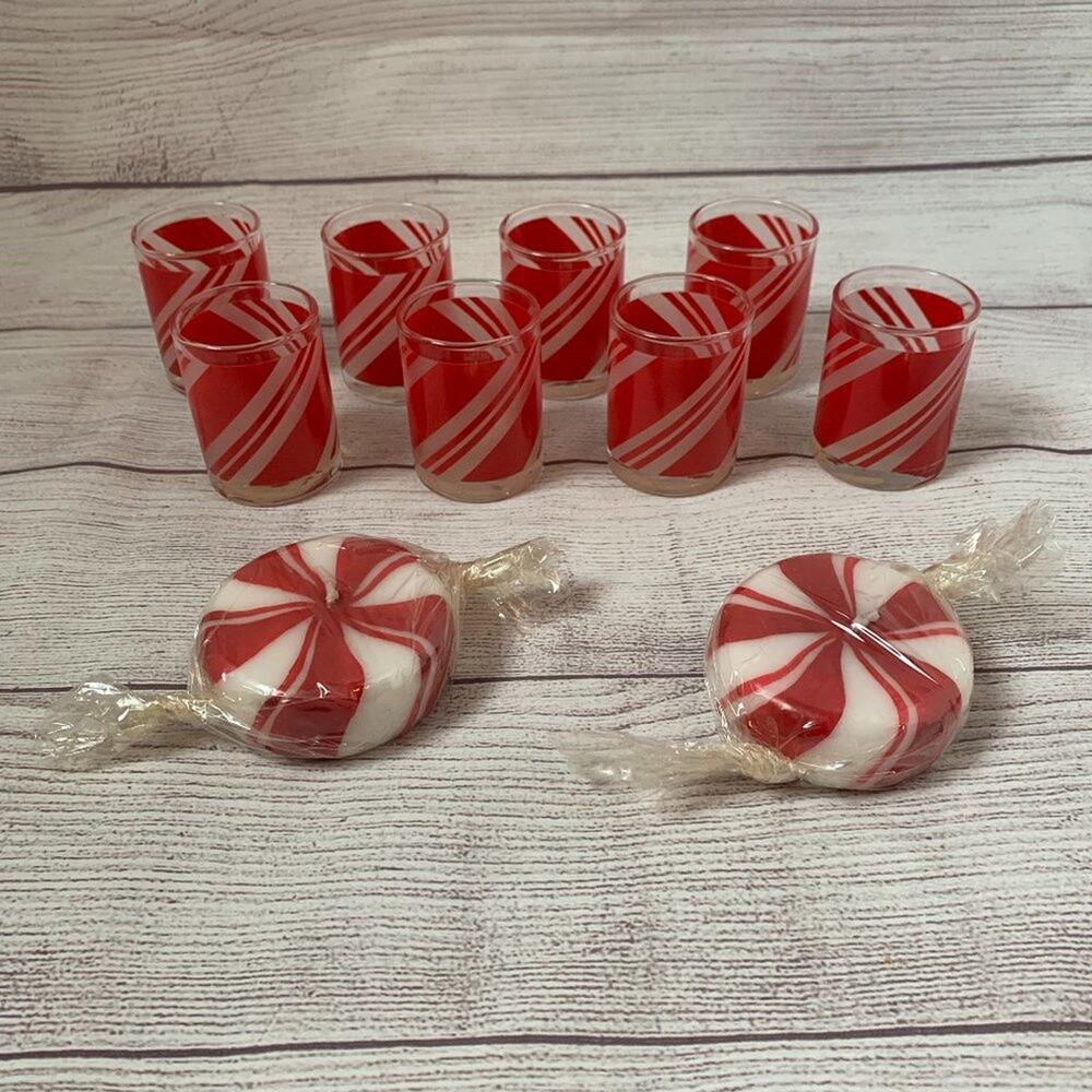 Vintage Peppermint Candy Glass Tealight Votive Candle Holders Set and 2 Candles